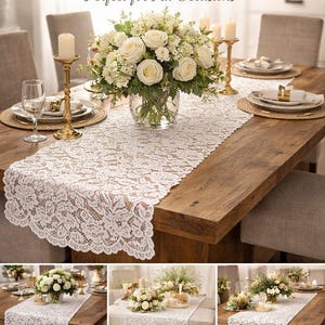May include: Elegant white lace table runner on a wooden table, with a floral centerpiece and candles. The text reads "Elegant Lace Table Runner" and "Perfect for All Occasions". Ideal for dinner parties, weddings, and holiday decor.