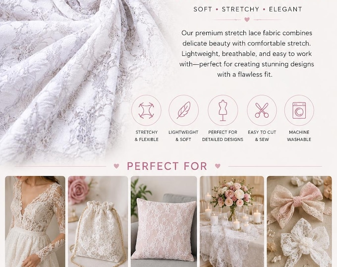 Stretch Silver Floral Lace Fabric By The Yard, Wedding, Prom, Dresses, Lingerie, Tablecloths