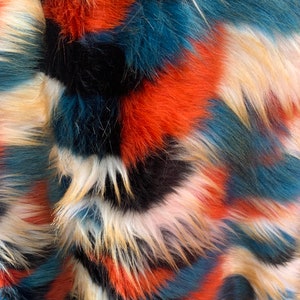58"  Wide Festive, blue orange Mottled Faux Fur Upholstery Fabric by the yard
