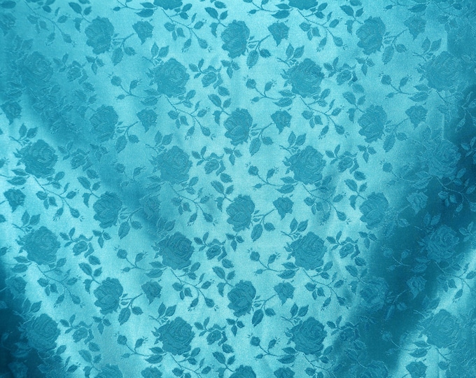 Aqua Jacquard fabric Satin Floral 58" wide per yard