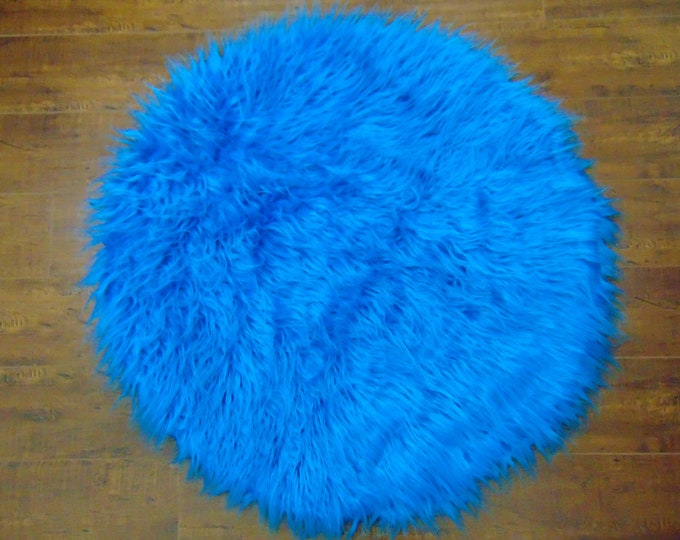 Turquoise shaggy  Diameter Round Area Rug 36” Plush Faux Fur / Fake Shaggy Sheepskin Throw Rug /