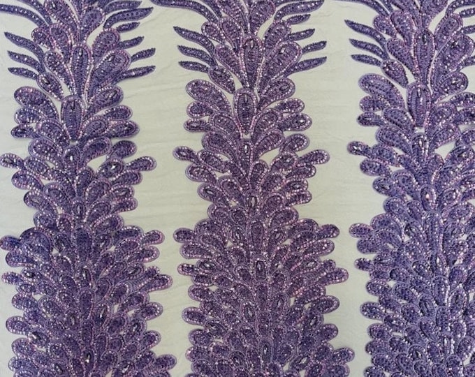Lavender peacock sequin gem beaded on mesh, sold by the PANEL