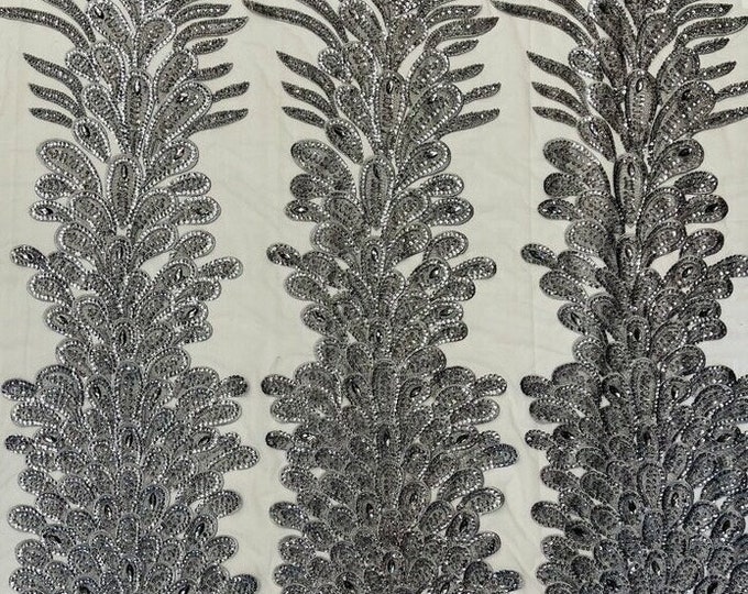 Gray peacock sequin gem beaded on mesh, sold by the PANEL