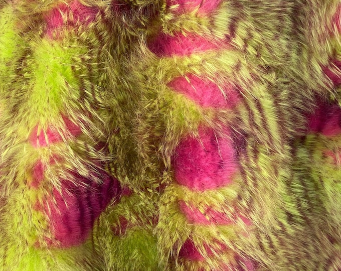 Fuchsia yellow fancy feather long hair faux fur upholstery fabric by the yard 60” wide