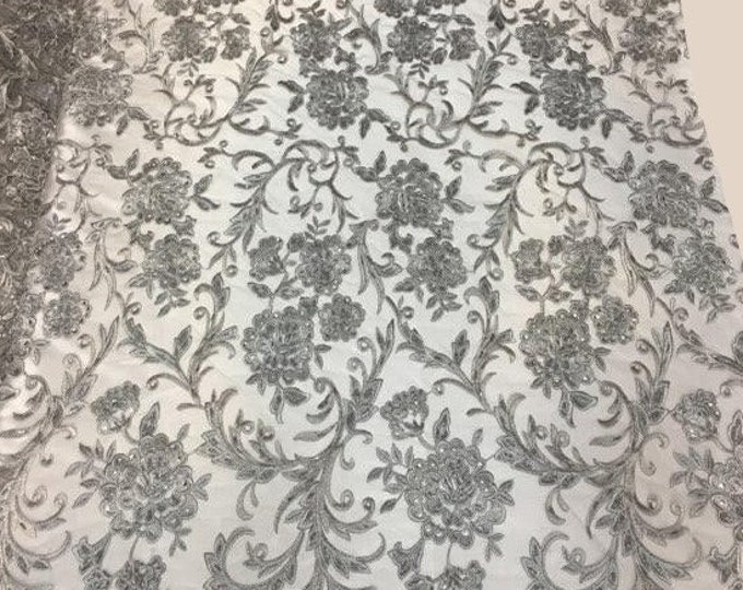 GREY HAND LACE  scalloped Fabric by the yard, 52" Wide Lace, mesh, dress,