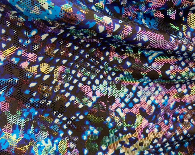 Blue multi Leopard glitter foil pattern 4 way stretch spandex fabric, SOLD BY YARD 60 inches wide