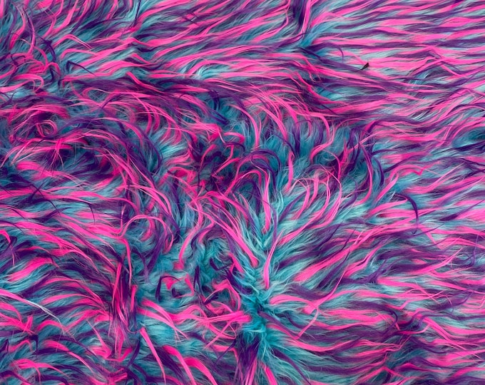 58"  Wide Spike Faux fur pink purple on blue Upholstery Fabric by the yard