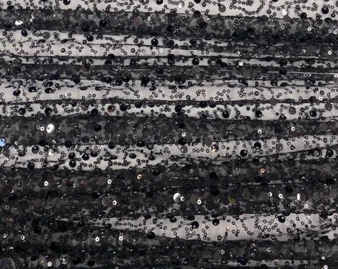 Black gold Beads, Pearls and Sequin All Over Mesh Lace by the yard 54” wide