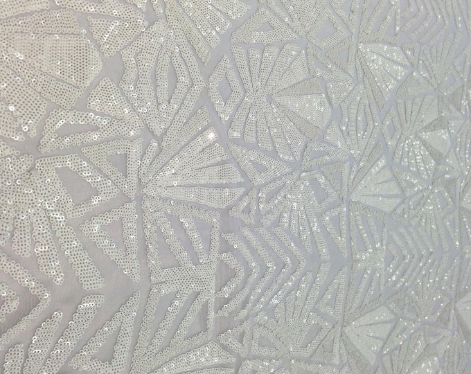 Sequin Fabric White 4 way Stretch Snowflake  Geometric Shinny Sequin Sold fabric by the yard 54" Wide