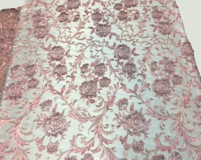 PINK HAND LACE  scalloped Fabric by the yard, 52" Wide Lace, mesh, dress,
