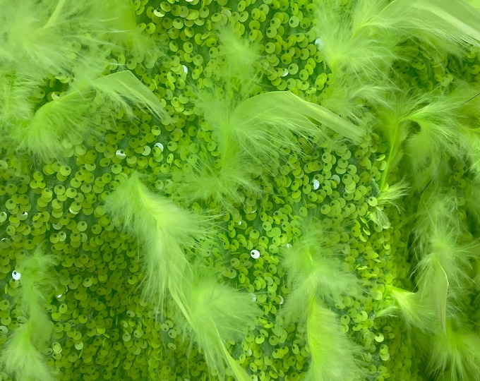 Lime sequin stretch velvet with feathers , 4-Way stretch  fabric by the yard 60" Wide