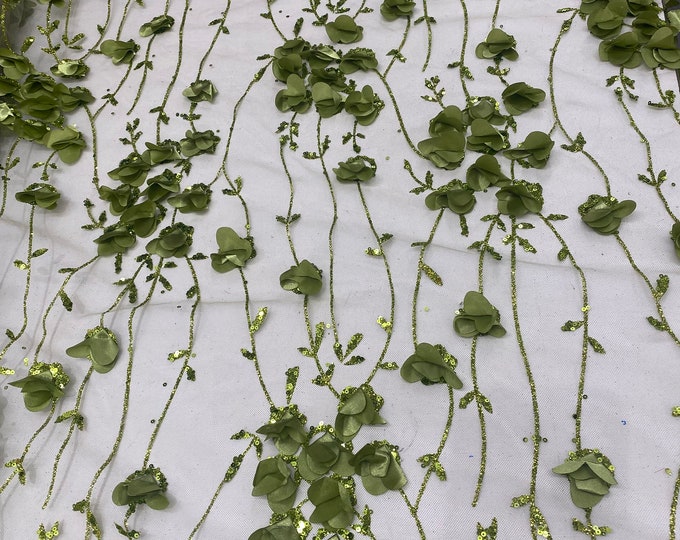 Green 3d floral design ,embroider with glitter mesh lace scalloped, sold by the yard 54” wide