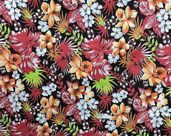 Red black Hawaiian Flowers Print Poly Cotton Fabric, Sells by The Yard