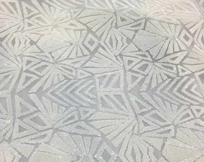 Sequin Fabric White 4 way Stretch Snowflake  Geometric Shinny Sequin Sold fabric by the yard 54" Wide
