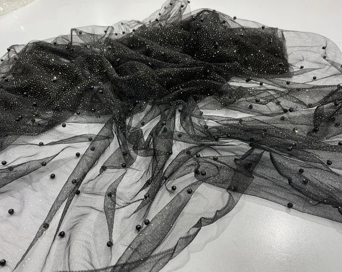 Black Scattered Pearls Studded Mesh, 2-Way Stretch Fabric per yard