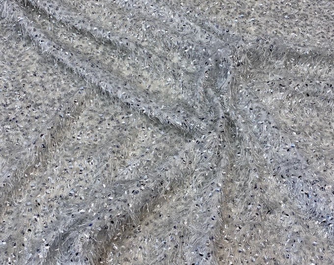 White sequin-embroidered fabric on a textured base with eyelash/fringe threads  Dressmaking Costume Material by the Yard
