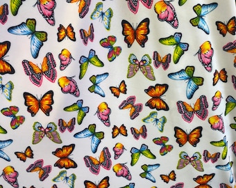 multi butterfly on white pattern 4 way stretch spandex fabric,SOLD BY YARD 60 inches wide