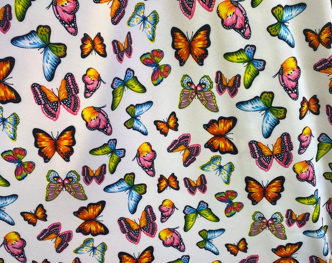 multi butterfly on white pattern 4 way stretch spandex fabric,SOLD BY YARD 60 inches wide