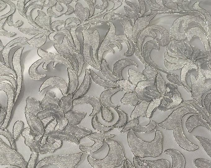 Silver scalloped beautiful lace 53” wide great for dresses, tablecloth and much more