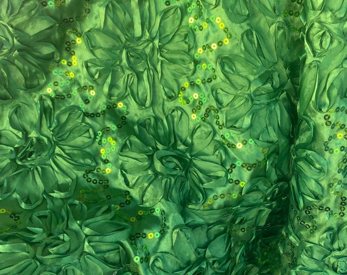 Green Satin floral with sequin fabric per yard