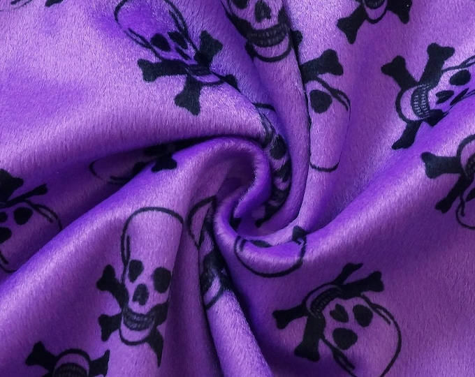 58"  Wide Black skull on purple Velboa Fabric per yard