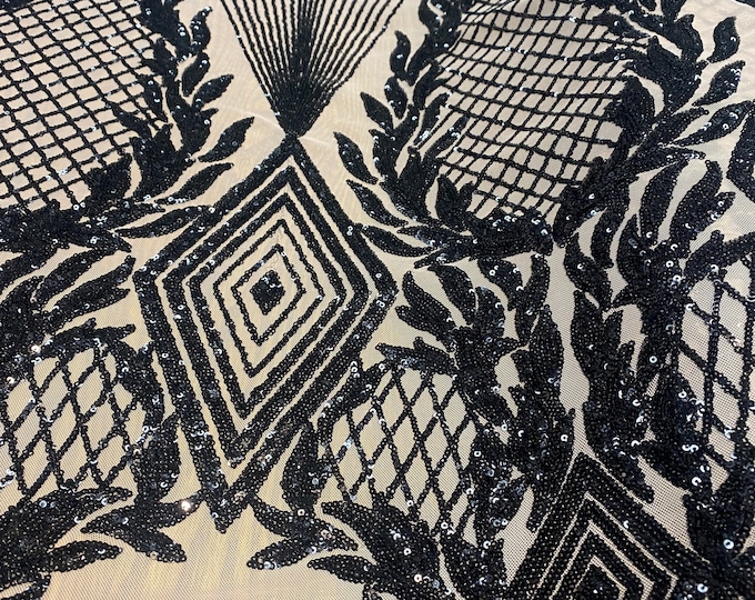 Jewel , Black on nude Big Print, Sequin, 4-way Stretch, Fabric 54" By the Yard, Wedding, Prom, Dresses, Lingerie, Pageant