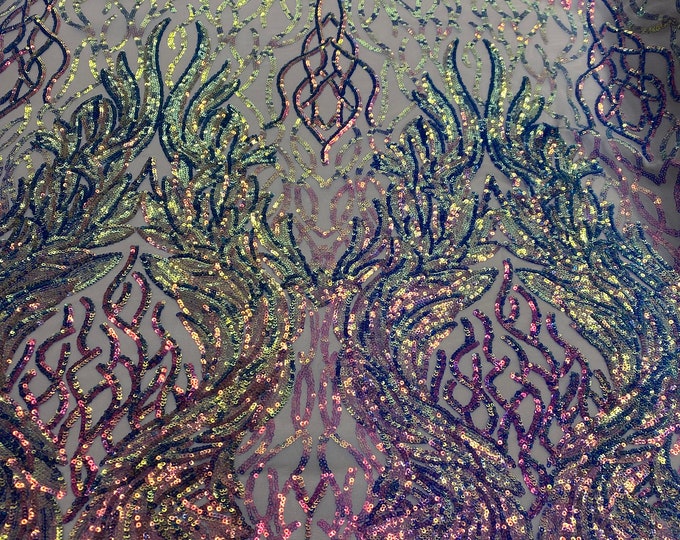 Iridescent purple damask sequin on stretch nude mesh fabirc 54” wide