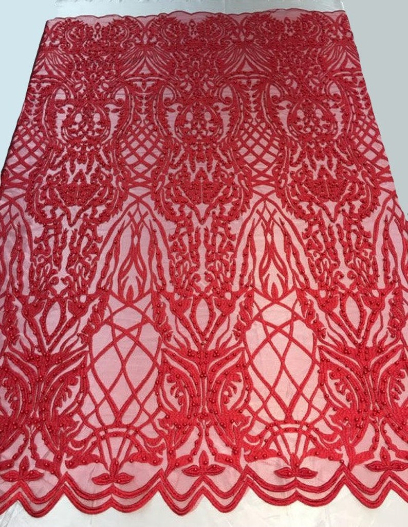 52 Wide Lace mesh BEADED scalloped Fabric by the yard dress, RED