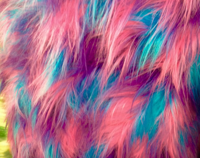 Tie dye shaggy Aqua Marron And purple Faux Fur Long PIle custom rug fabric per yard 60" wide