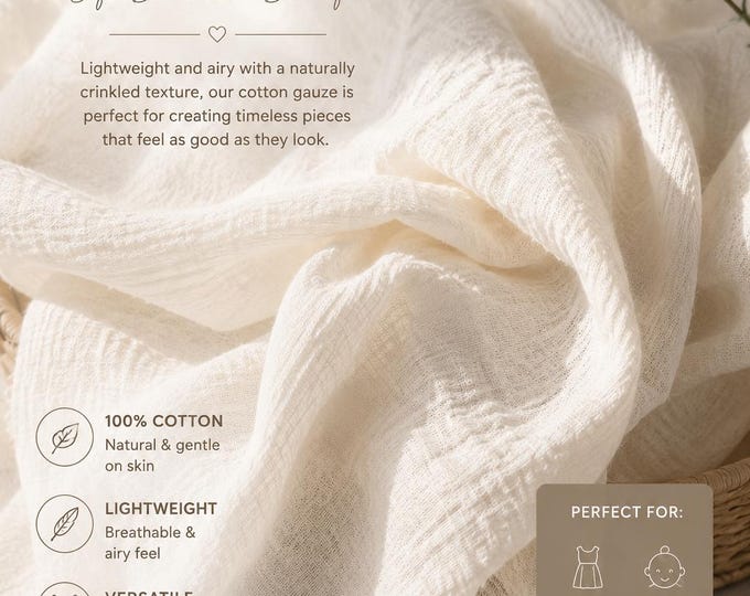 100% Cotton Gauze Fabric by Yard | Lightweight, Breathable Scarves for Apparel, Baby, Home