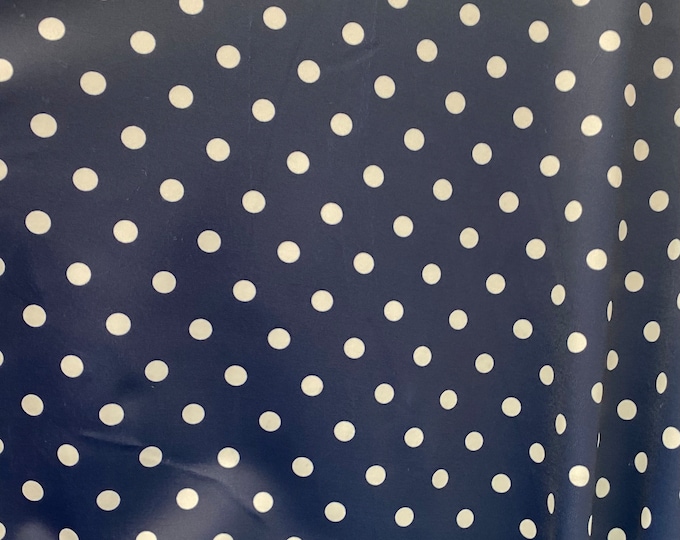 White polka dot on navy 4 way stretch spandex fabric,  SOLD BY YARD 60 inches wide