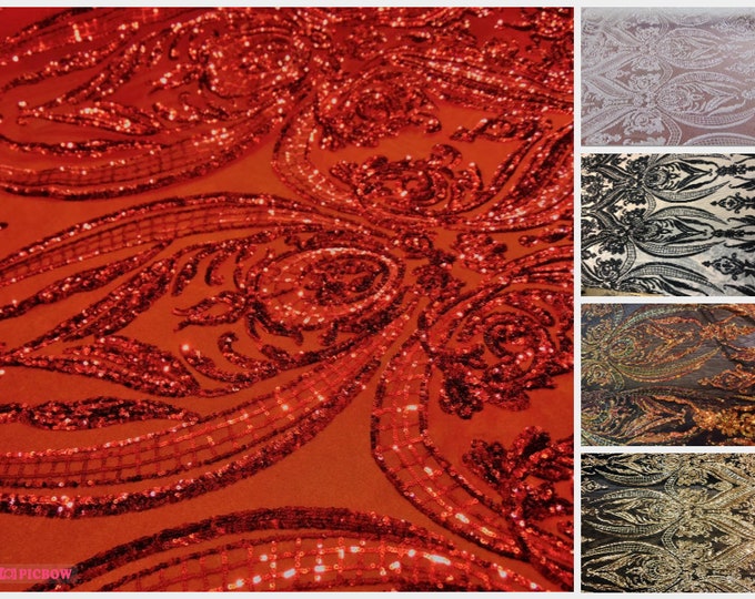 Victorian Tulip Sequin 4Way Stretch Mesh Lace Fabric BY THE YARD , 54" Wide