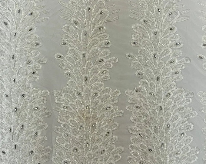 White peacock sequin gem beaded on mesh, sold by the PANEL