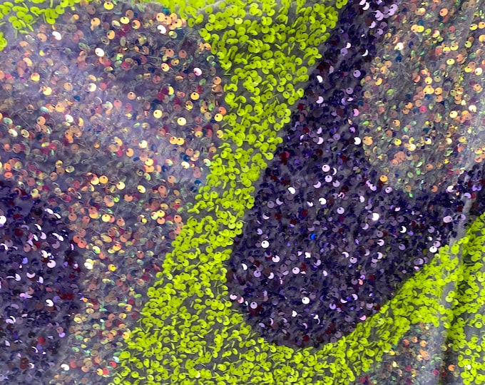 Lime sequin Wave Design On lavender stretch velvet all over 5mm sequins 2-way stretch, sold by the yard.