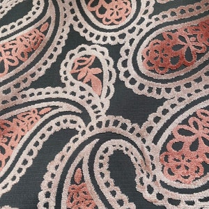 Pink raised paisley on gray chenille Upholstery Drapery fabric by the yard 56&quot; Wide