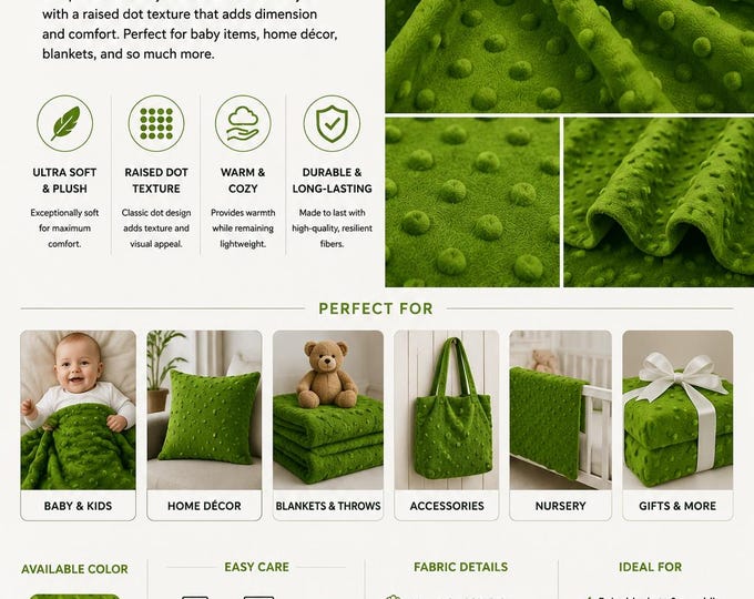Kelly Green Minky Dot Soft Dimpled Sewing Fabric 60”wide