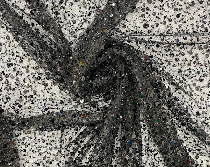 Black Beads, Pearls and Sequin All Over Mesh Lace by the yard 54” wide