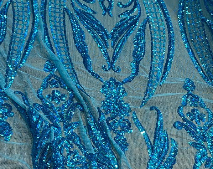 Aqua  Victorian Egg/Tulip, Sequin, 4-way Stretch, Fabric 54" Sold By the Yard, Wedding, Prom, Dresses, Lingerie, Pageant