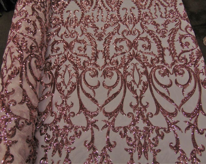 Victorian  SWEETHEART Damask 4-Way Stretch Mesh Lace PEACH Tiny Sequin Fabric 56" Sold By the Yard, Regency, Edwardian, Red Carpet,