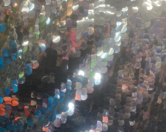 Silver Shiny 20mm paillette sequin on mesh fabric sold by yard