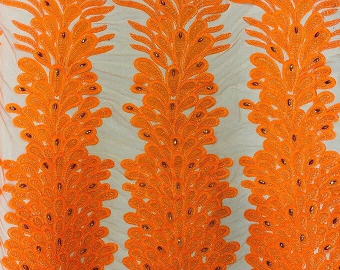 Neon orange peacock sequin gem beaded on mesh, sold by the PANEL