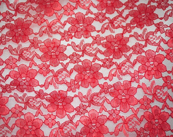Red rachelle lace flower mesh sheer polyester by the yard
