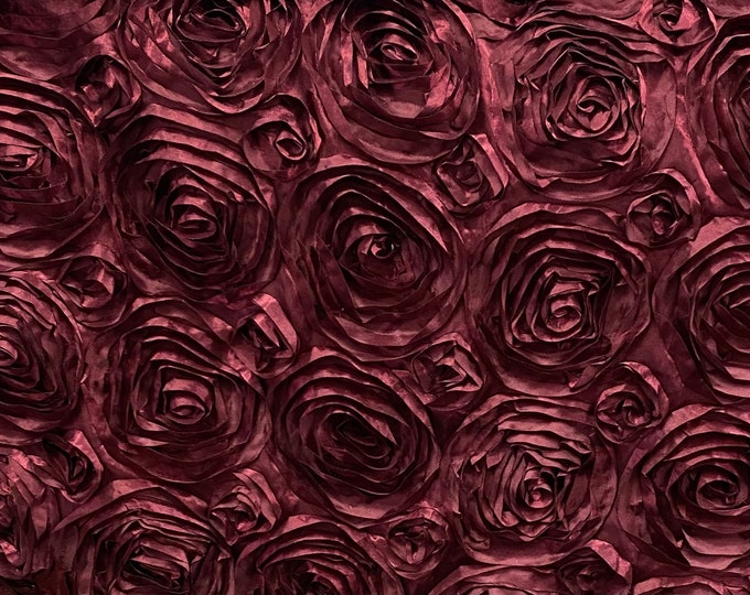 Burgundy satin Rosette 3D Flower fabric BY THE YARD 54" Wide