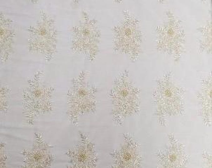 Ivory hand beaded scalloped lace floral mesh Fabric by the yard, 52" Wide