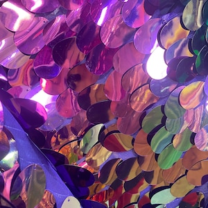 May include: Close-up of iridescent purple, green, and gold oval sequins sewn onto a purple mesh fabric. The sequins are arranged in a wave pattern.