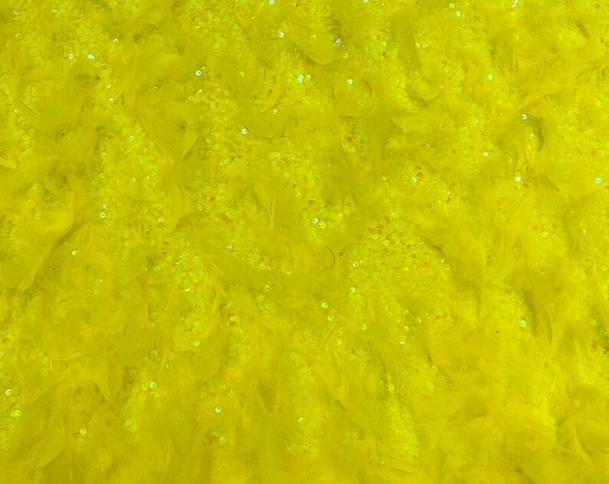 Neon yellow sequin stretch velvet with feathers , 4-Way stretch  fabric by the yard 60" Wide