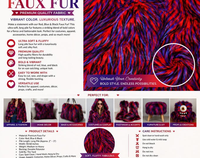 Spike Faux fur purple black on red Upholstery Fabric by the yard