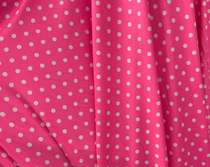 White polka dot on dark pink 4 way stretch spandex fabric,  SOLD BY YARD 60 inches wide