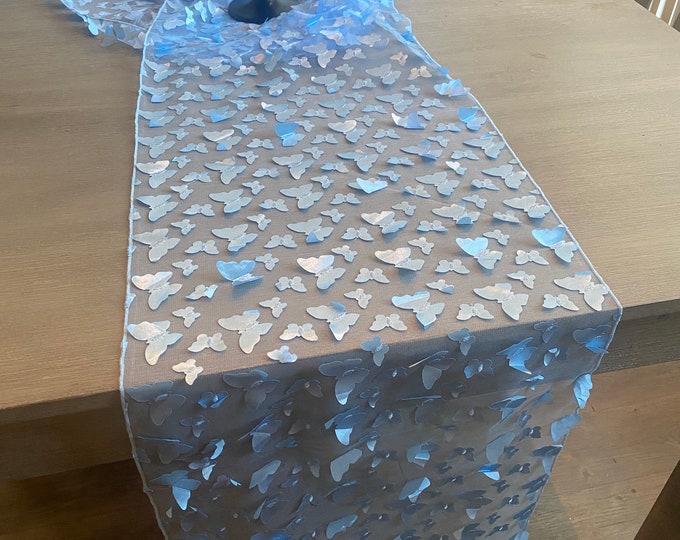 15"x108” Baby blue 3D butterfly mesh, baby shower, bridal party, mantel table runner - wedding birthday party linen