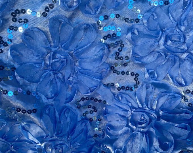 Blue Satin floral with sequin fabric per yard